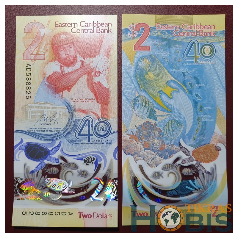 Eastern Caribbean 2 Dollars, 2023 P-61 "40th EC Central Bank"