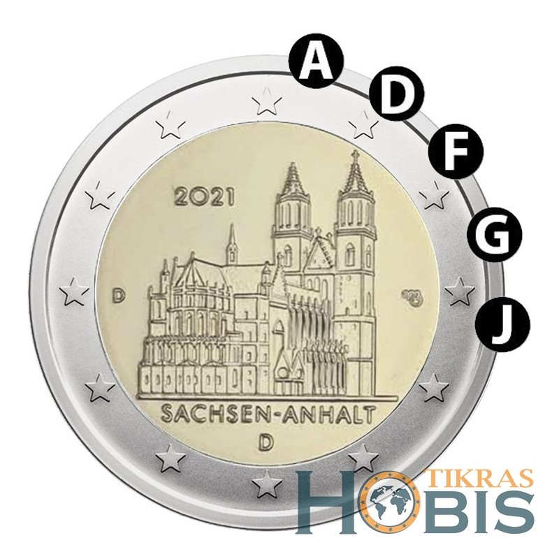 Germany 2 euros, 2021 Cathedral of Magdeburg ADFGJ