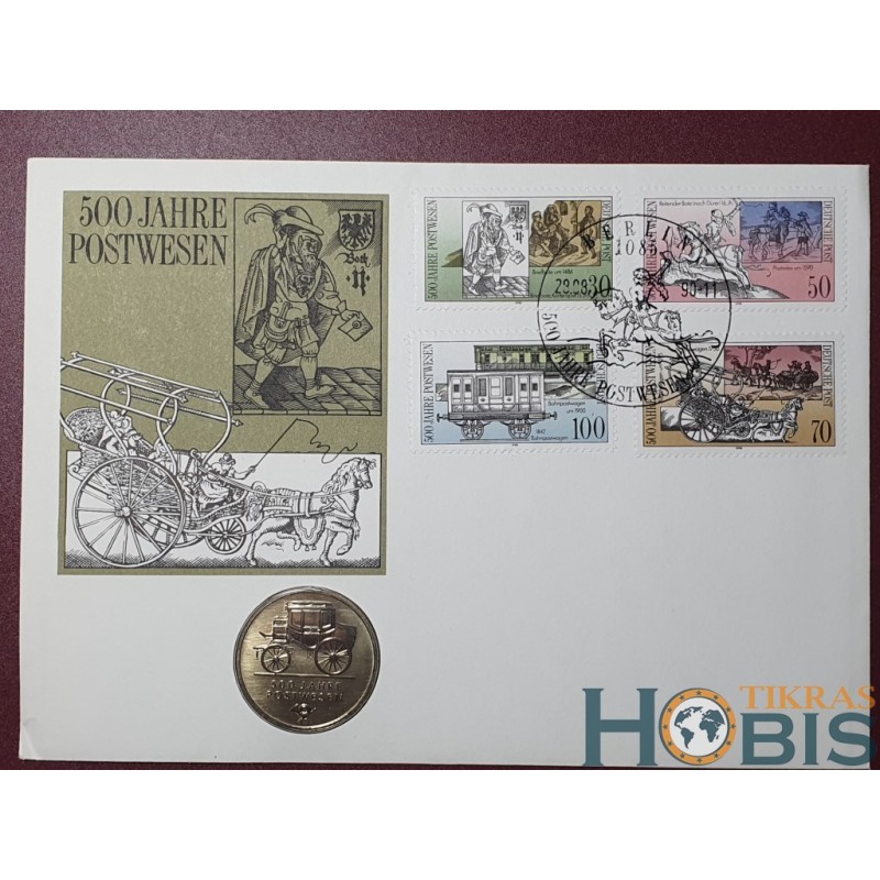Vokietija - VDR 5 markės, 1990 500 metu Paštui KM134 voke