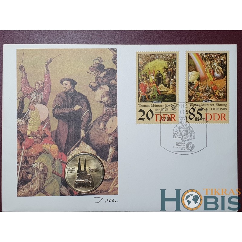 Vokietija - VDR 5 markės, 1989 Šv. Kotrynos bažnyčia Cvikau KM129 voke