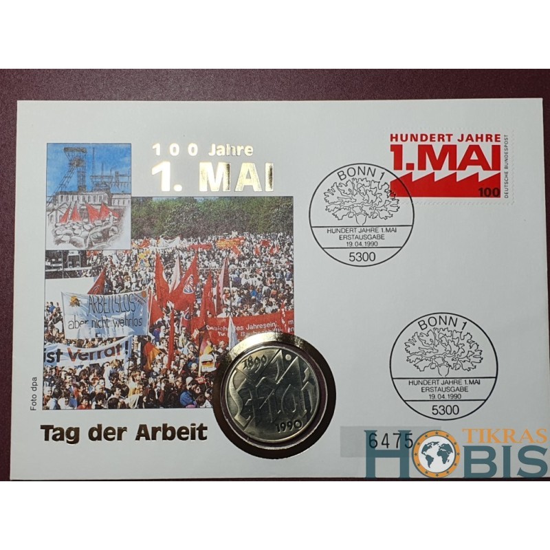 Germany - GDR 10 marks, 1990 100th Labor Day KM136 envelope