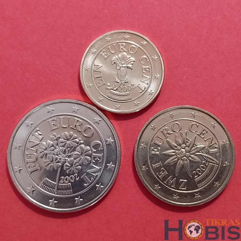 Austrija 2002 Euro centų 1, 2, 5 rinkinys